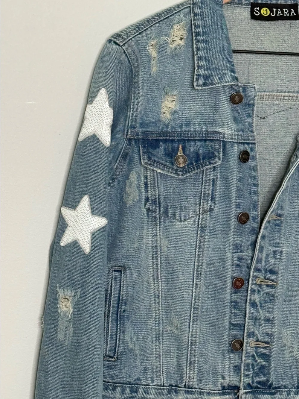Distressed Rolling Stones Inspired+Stars Sequin Sleeve Denim Jacket by Sojara - Picture 5 of 8